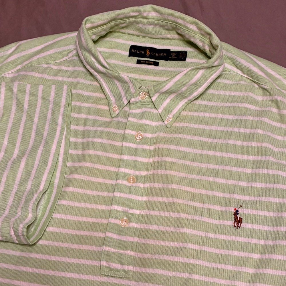 Ralph Lauren Knit Oxford Shirt Mens 3XB Green White Striped Short Sleeve Polo